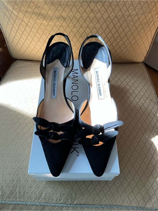 Manolo Blahnik Shoes - Manolo Blahnik Black Suede Pointed Knot Slingback Pumps